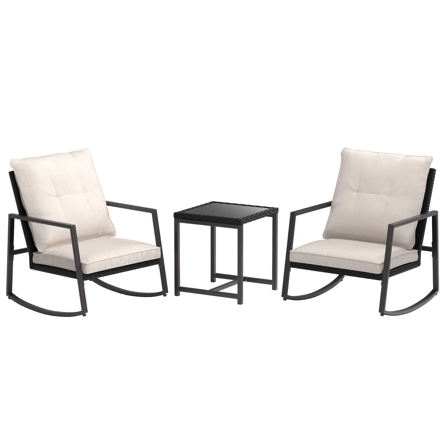 Amazon Basics 3-Piece PE Rattan Wicker Rocking Chair Outdoor Patio Set — complete rocking-chair and table set.