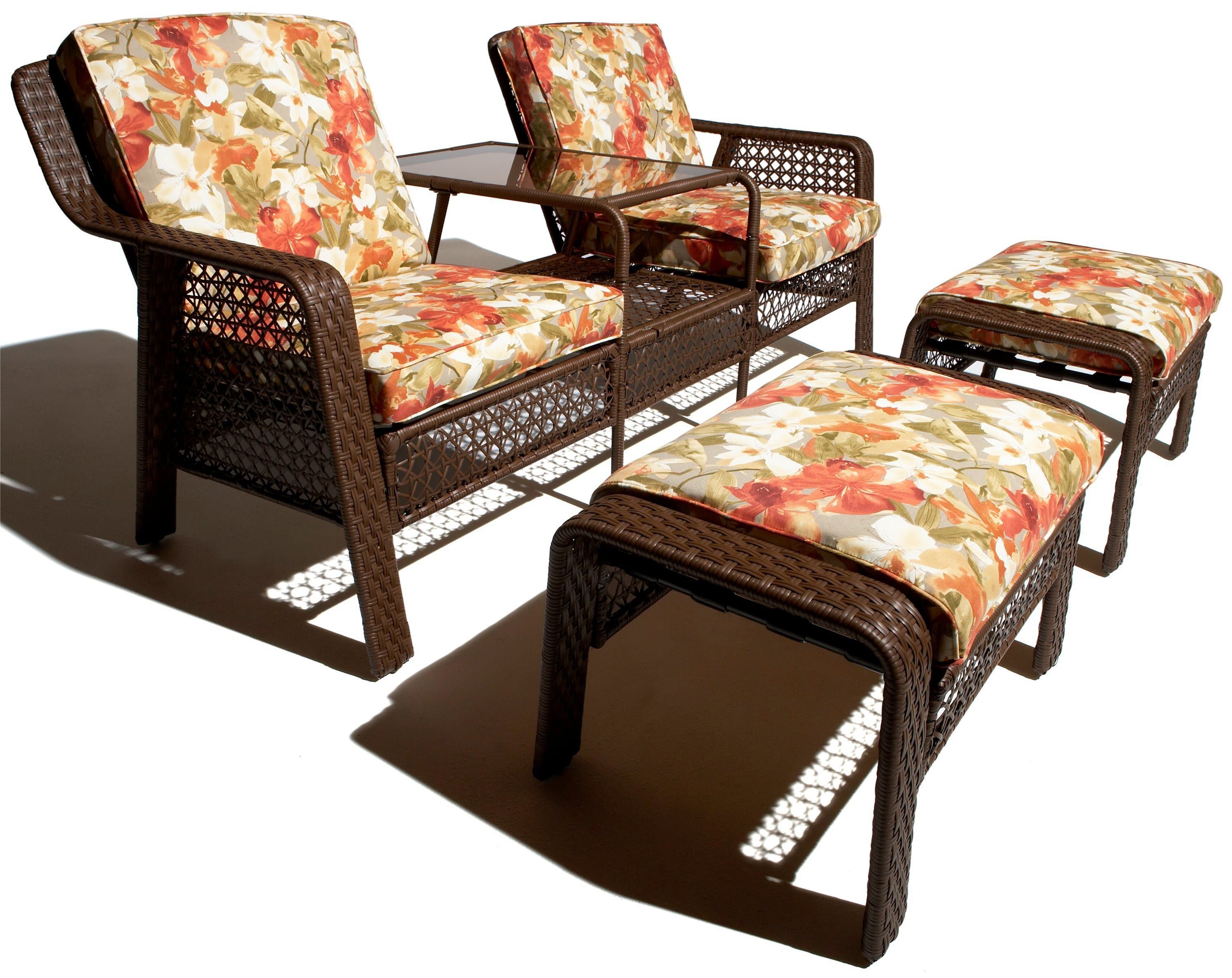 Strathwood Anacapa Resin Wicker Two-Seater Arm Chair and Ottoman Set — two-seat unit with integrated table and two footrests.